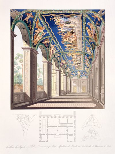 De Galerij van Psyche in de Villa Farnesina, Rome, uit een set van twaalf gravures, gepubliceerd 1693 door Jacques Belly